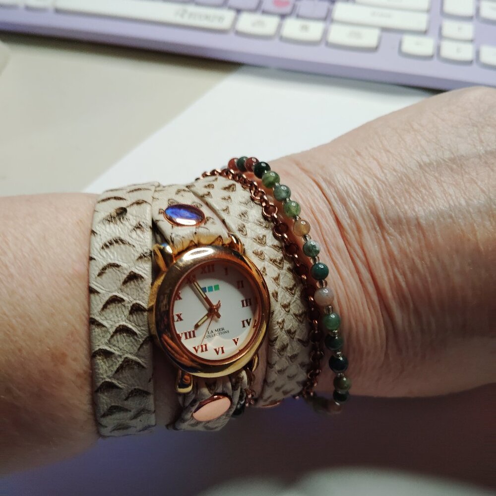 La Mer Collections Wrap Watch 22" Rose Gold Bezel w/ Natural Stone Beads